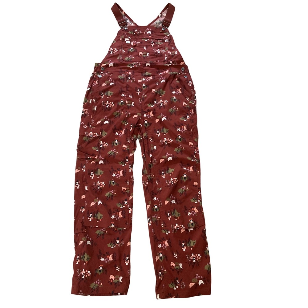 Duluth Trading Co Heirloom Gardening Overalls Rust Red Gnome Print Womens M x 31